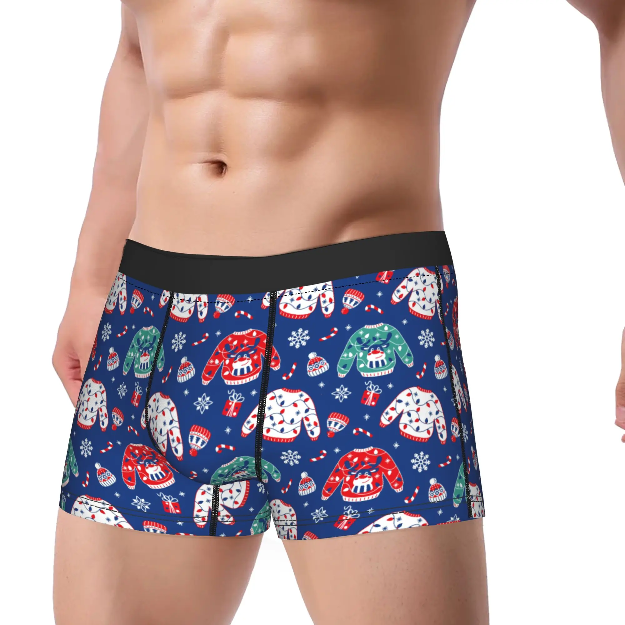 Men Christmas Sweater Pattern Long Underwear  Humor Boxer Briefs Shorts Panties Male Breathable Underpants M-XXL