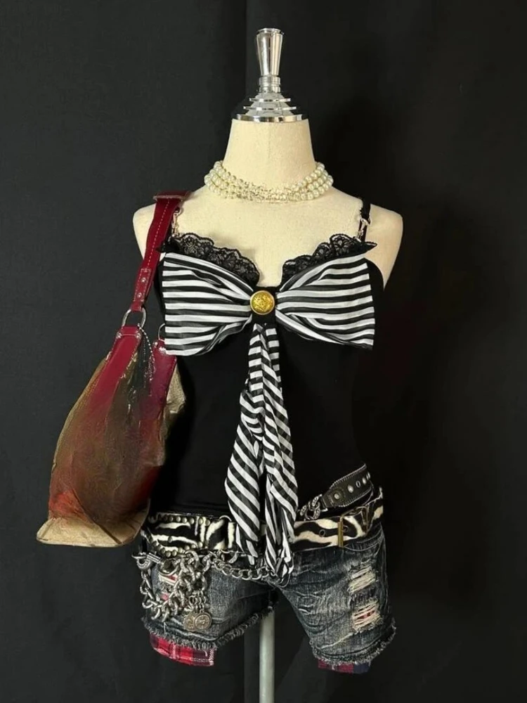 Y2k الجمالية الدانتيل المرقعة المرأة بروتيل Harajuku خمر شريط القوس الصيف الدبابات الشارع الشهير الجرونج مثير عارية الذراعين تانك القمم #4