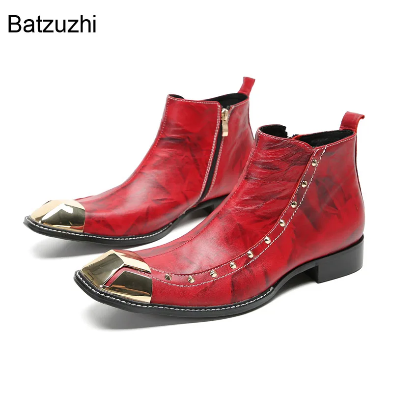 Batzuzhi Luxury Handmade Men's Boots Red Genuine Leather Boots Men Zip Party, Wedding and Business Botas Man! Big Sizes 38-46