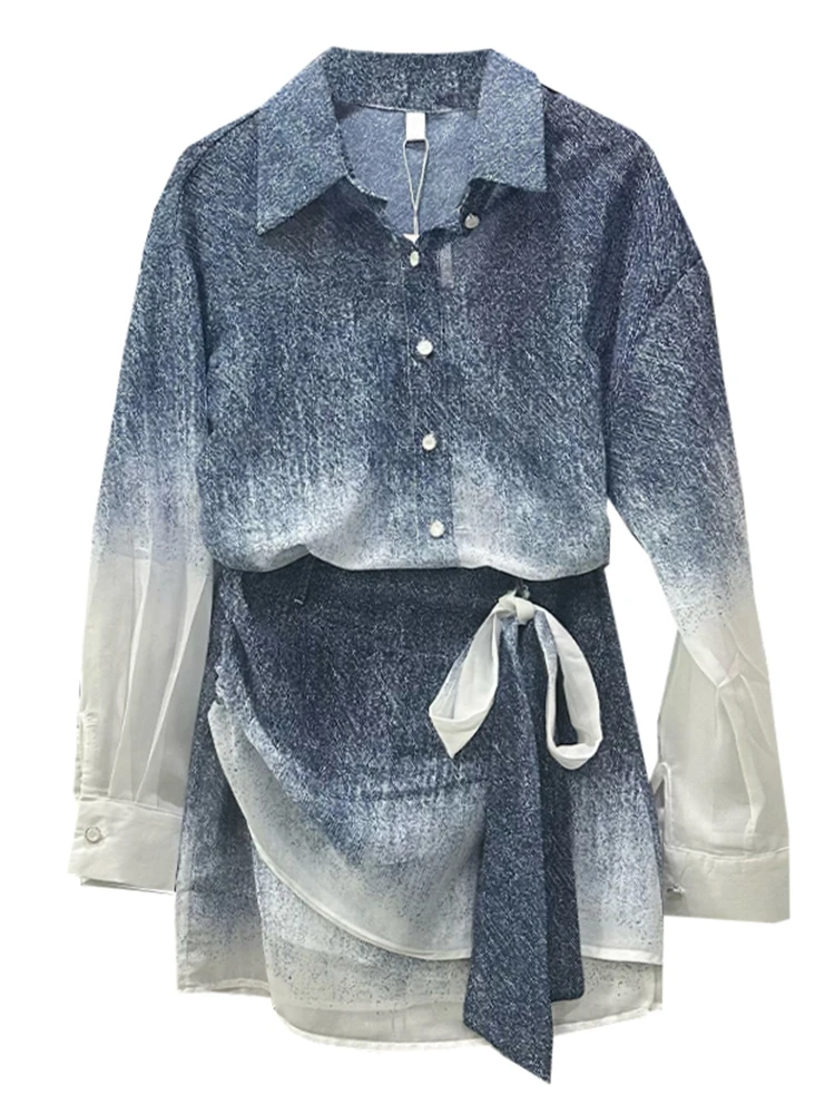 

plus Size Women's Collar Gradient Shirt And High Waist Skirt Set Summer New Design Fashionable Two-Piece Suit