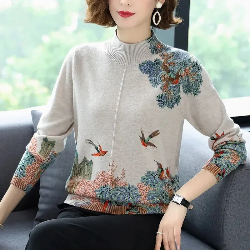 

New Autumn Winter Middle-aged Women Swester Casual Half Turtleneck Cashmere Sweater Female Thick Knitted Jumper Mother G64