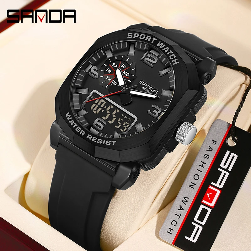 SANDA 3370 Men\'s Electronic Watch Multifunctional Fashion Trends Outdoors Dual Display Silicone Strap Wristwatch for Teenagers