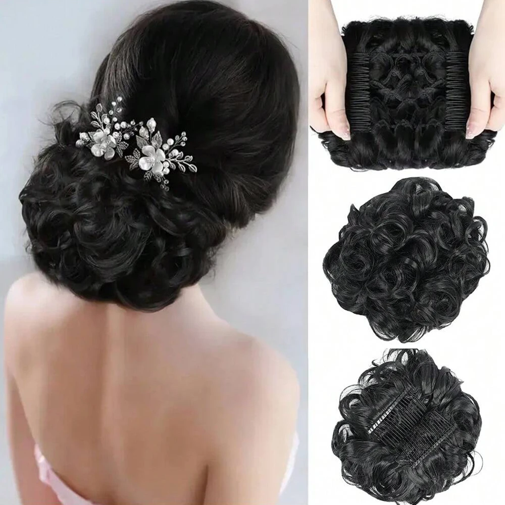 Bride Messy Big Hair Bun Curly Chignon with Comb Clips In Hair Tail Cover Ponytail Extension Synthetic Natural Fake Hair