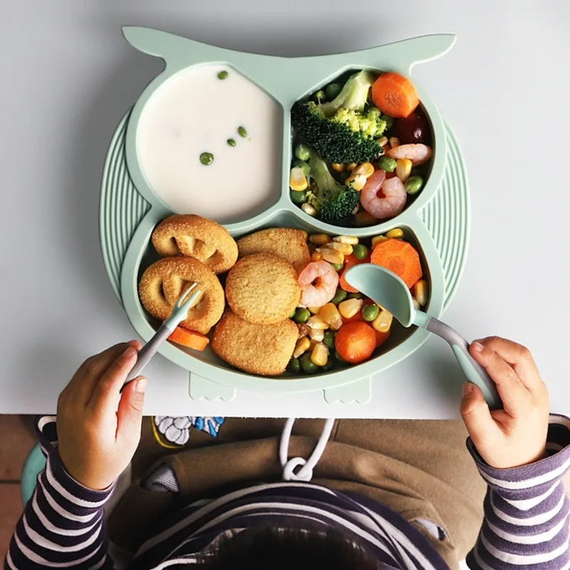 

feeding Baby dinner plate owl silicone sucker bowl drop-proof children's tableware complementary Spoon set