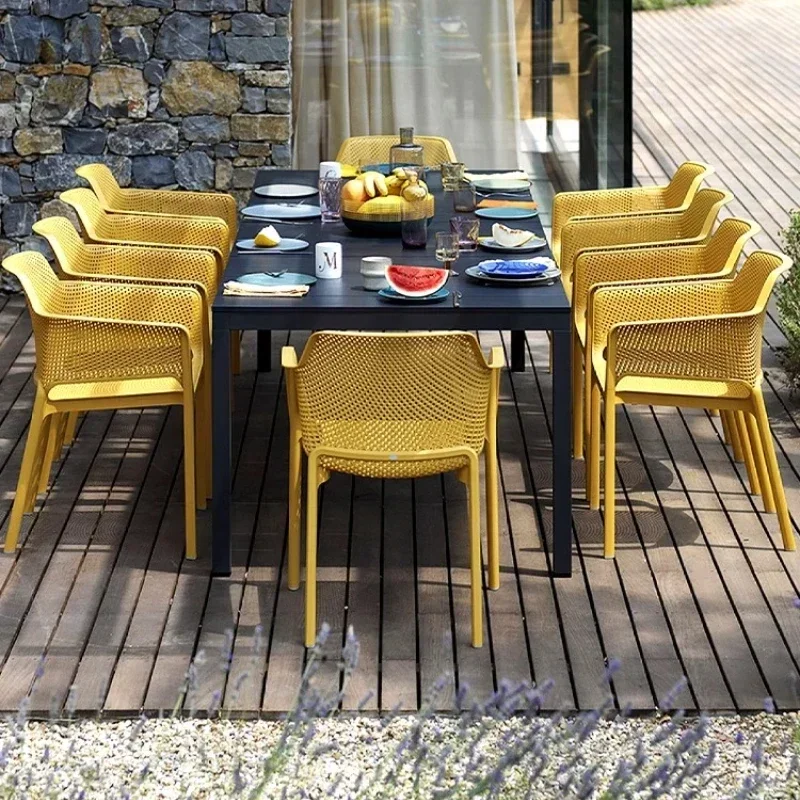 

Patio retractable long table terrace garden table and chairs outdoor dining table