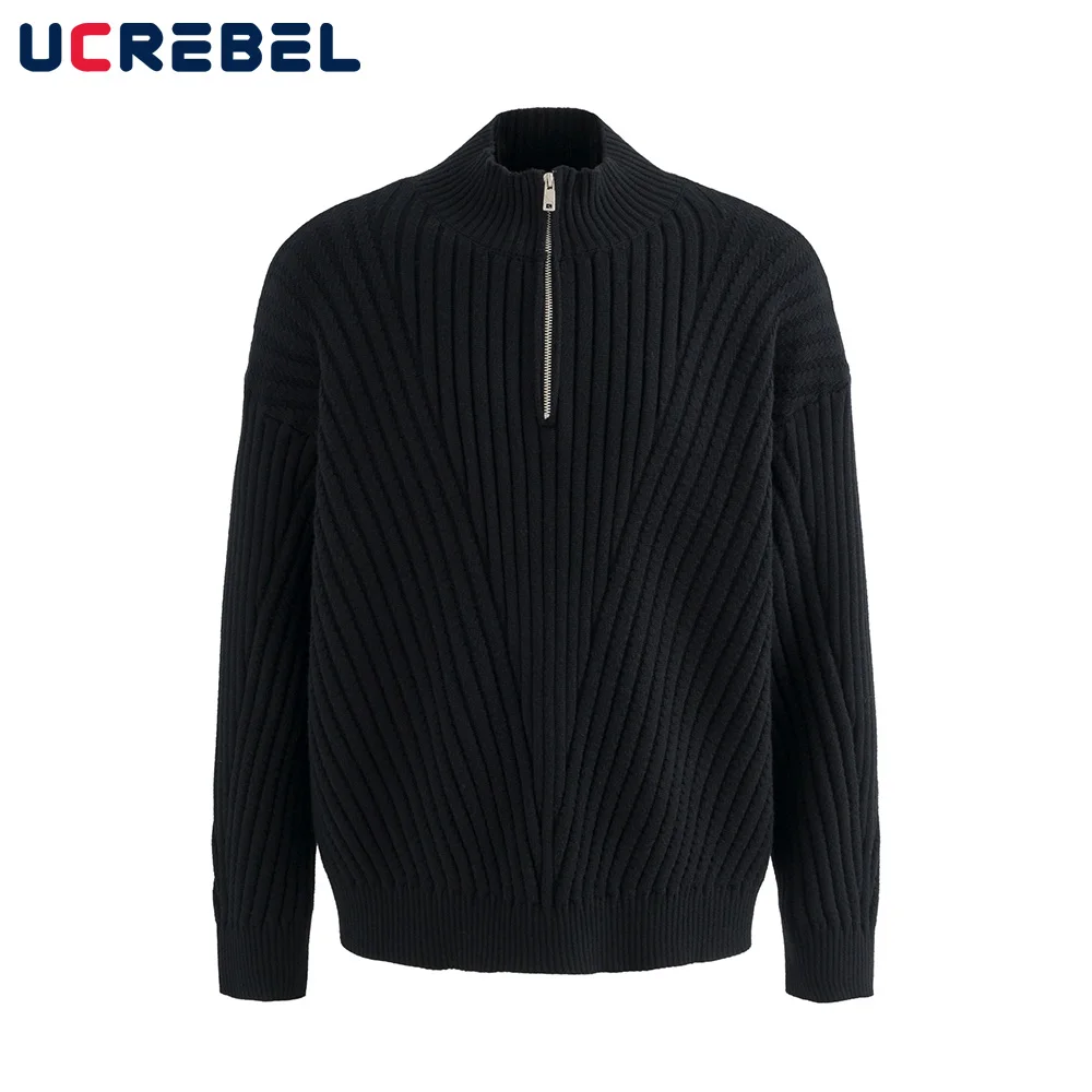 

Solid Color Half Zipper Sweater Mens Autumn Winter High Street Mock Neck Knitted Long Sleeve Pullover Man