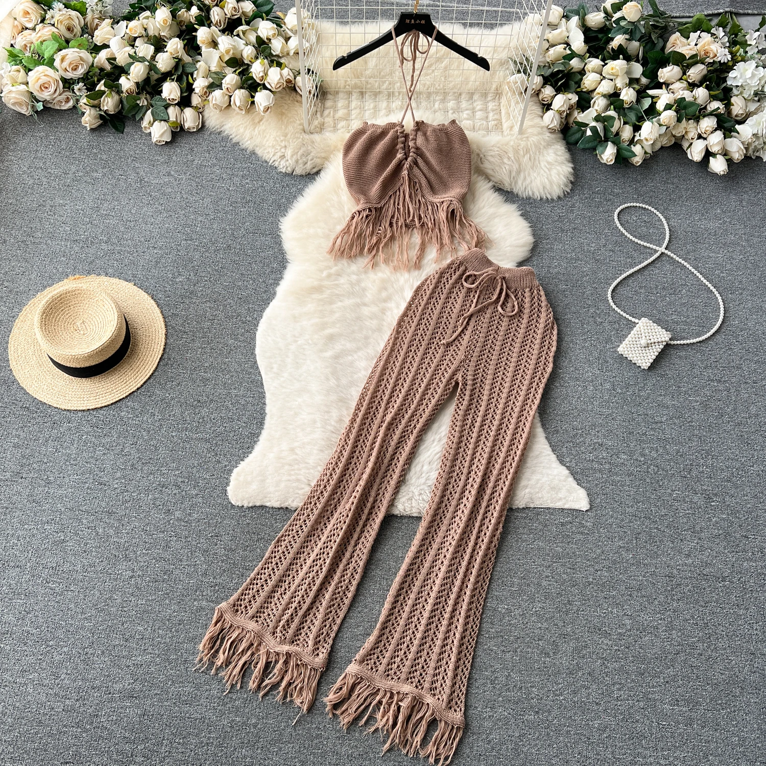 

ALPHALMODA Bohemian Beach Vacation Set Women Summer Knitted Tassel Halret Neck Tassel Top High Waist Hollow Pants Two Piece Set