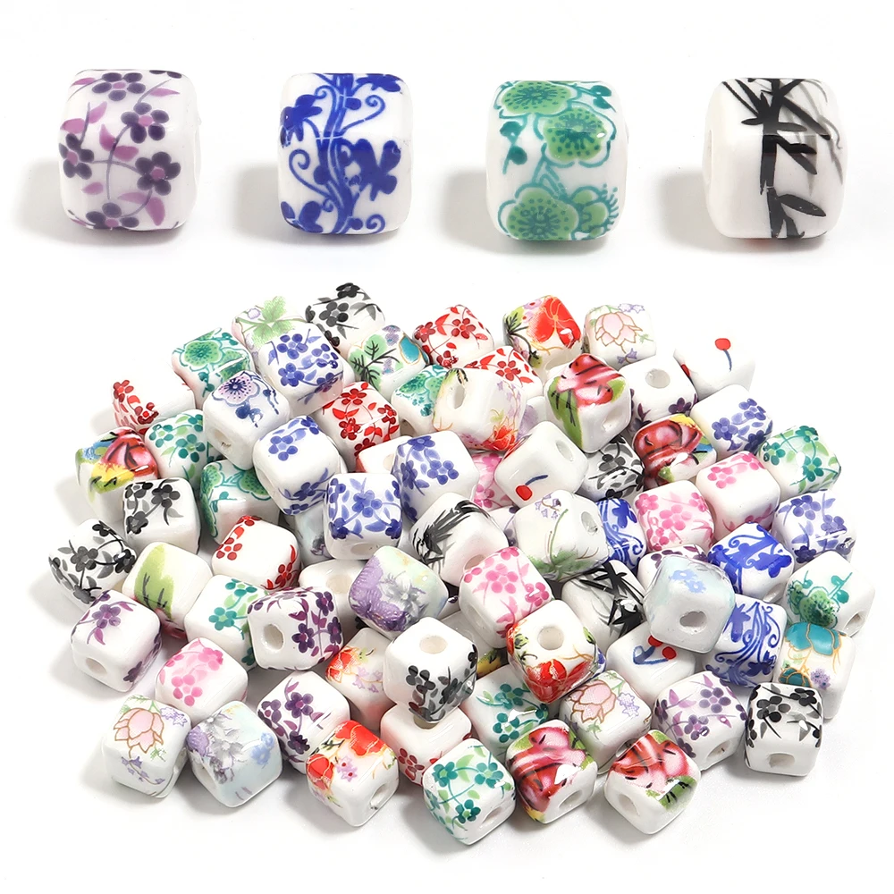20 Stück/Lot quadratische Keramikperlen, bunte Blumenperlen, lose Perlen im chinesischen Stil, Abstandshalterperlen für die Schmuckherstellung, DIY-Bastelarbeiten, Armband