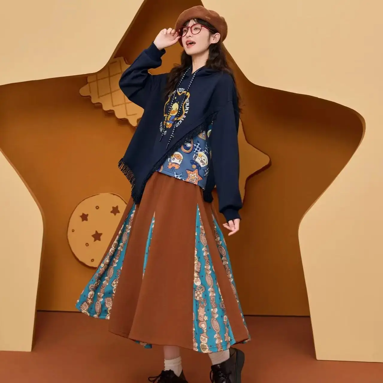 

New Autumn Contrast Color Fashion Skirt Women Cartoon Printed Patchwork A-Line High Waist Pleated Skirts Women Umbrella Jupe