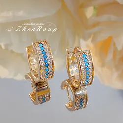 Foydjew Vintage Medieval Style Simulation Blue Turquoise Zircon Earrings U-shaped Design Gold Color Hoop Earrings