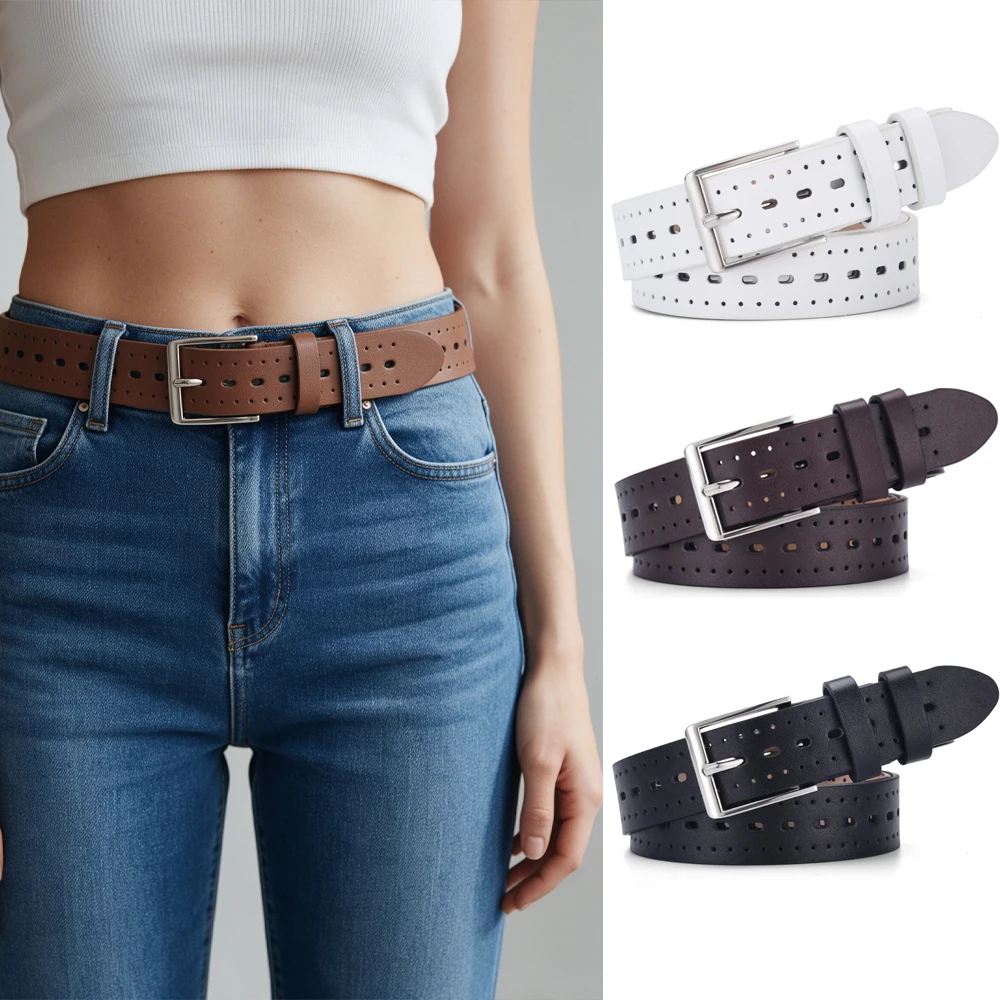 Ladies PU Leather Perforated Waist Belt Square Pin Buckle Adjustable Women Belt for Daily Jeans and Dresses