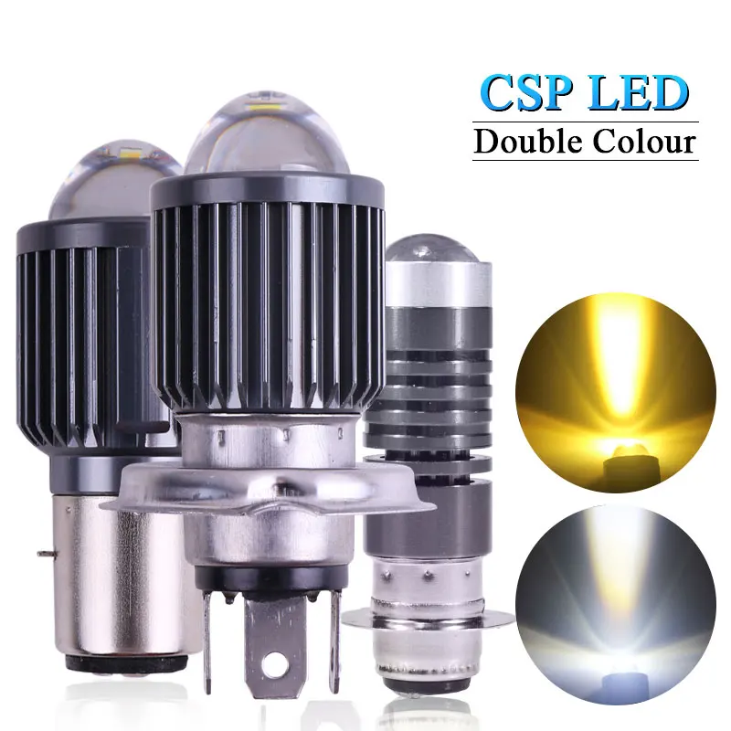 1 pièces H4 LED phare de moto H6 BA20D P15D CSP lentille Led blanc jaune salut Lo faisceau projecteur moto Scooter lampe de course