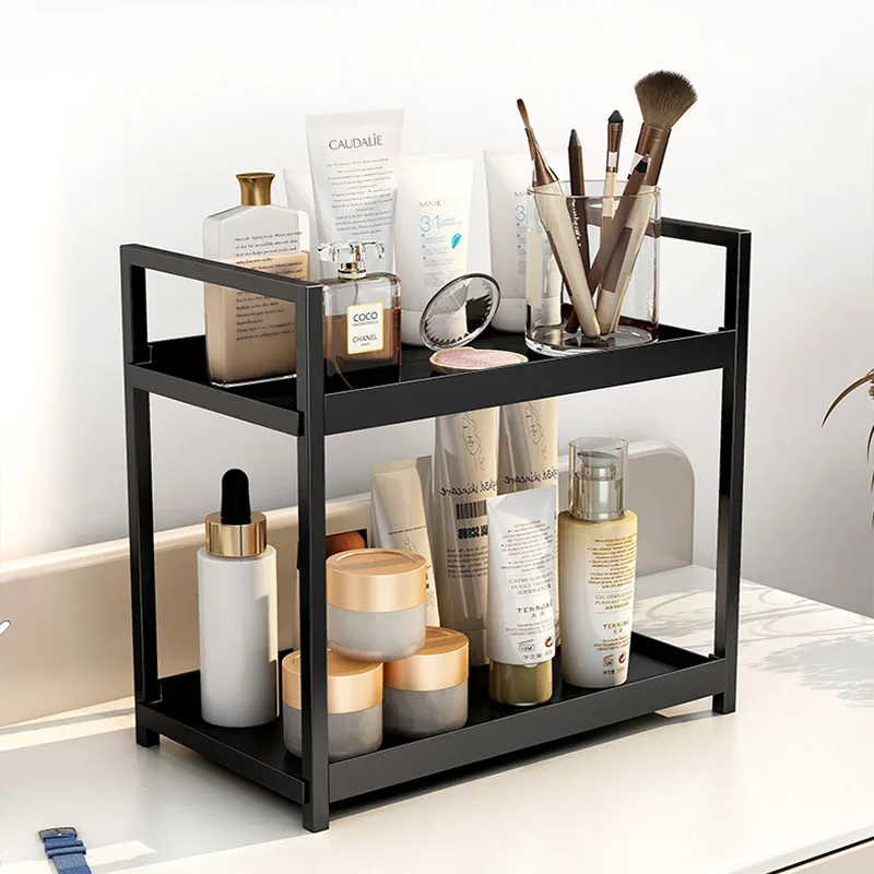 Simple Desktop Double Layer Storage Rack Black/White PP+Iron Organizing Student Desk Cosmetic Office Supplies