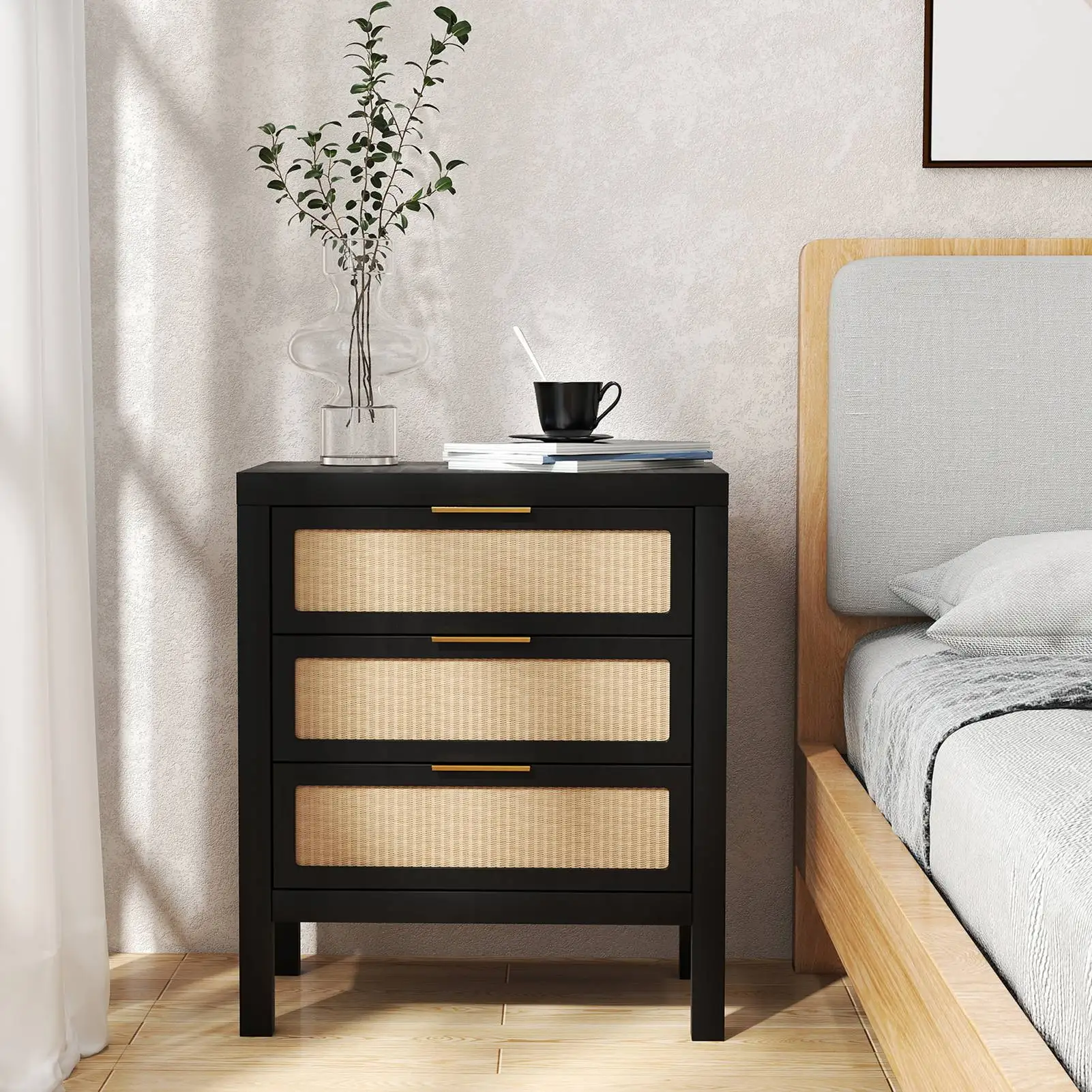 

Прикроватная тумбочка, 3-слойная, с ящиком большой емкости, многофункциональная деревянная прикроватная тумбочка для спальни, черная