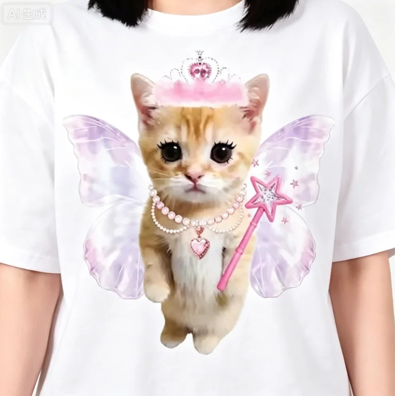 2026 new Round-neck cotton T-shirt, featuring a cute cat-shaped magic wand pattern, a sweet Y2K casual and loose T-shirt