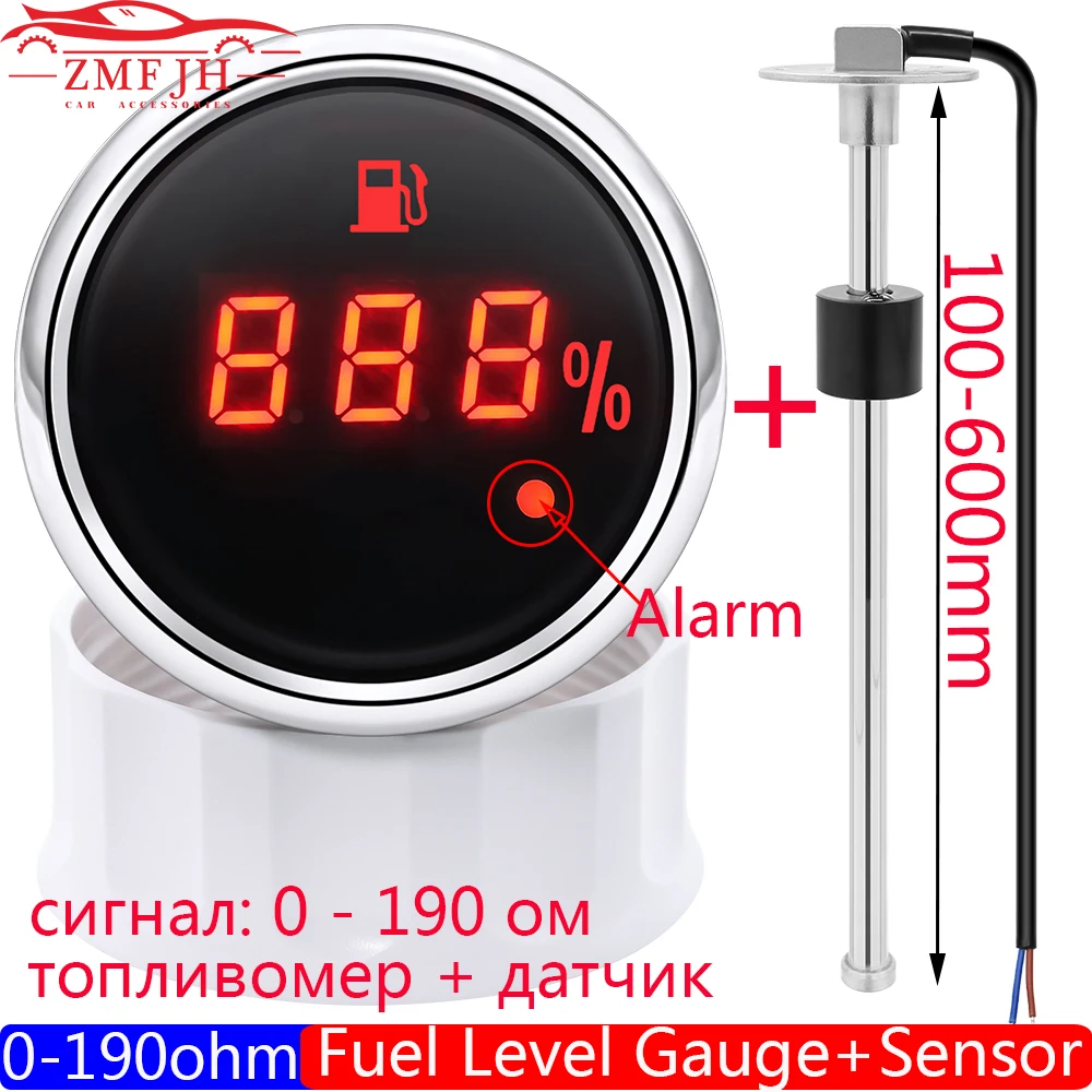 Auto Digital 52mm Fuel Level Gauge With Alarm Light 0-190 Ohm Oil Tank Indicator Meter Marine Fuel Level Sensor 100-600mm 12V24V