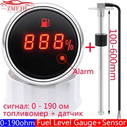 Auto Digital 52mm Fuel Level Gauge With Alarm Light 0-190 Ohm Oil Tank Indicator Meter Marine Fuel Level Sensor 100-600mm 12V24V