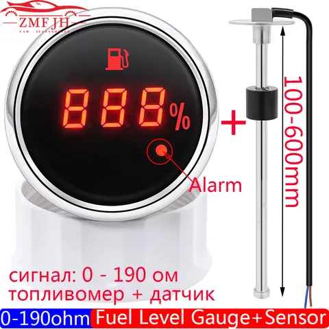 알람 라이트가있는 자동 디지털 52mm 연료 레벨 게이지 0-190 Ohm 오일 탱크 표시기 해양 연료 레벨 센서 100-600mm 12V24V