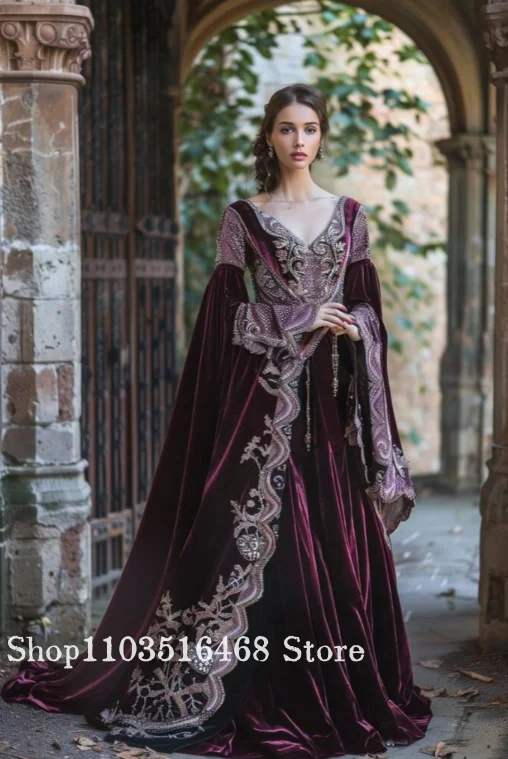 

Бордовое бархатное готическое свадебное платье Изысканная серебряная вышивка с рукавами-трубой Роскошное вечернее платье в викторианском стиле по индивидуальному заказу