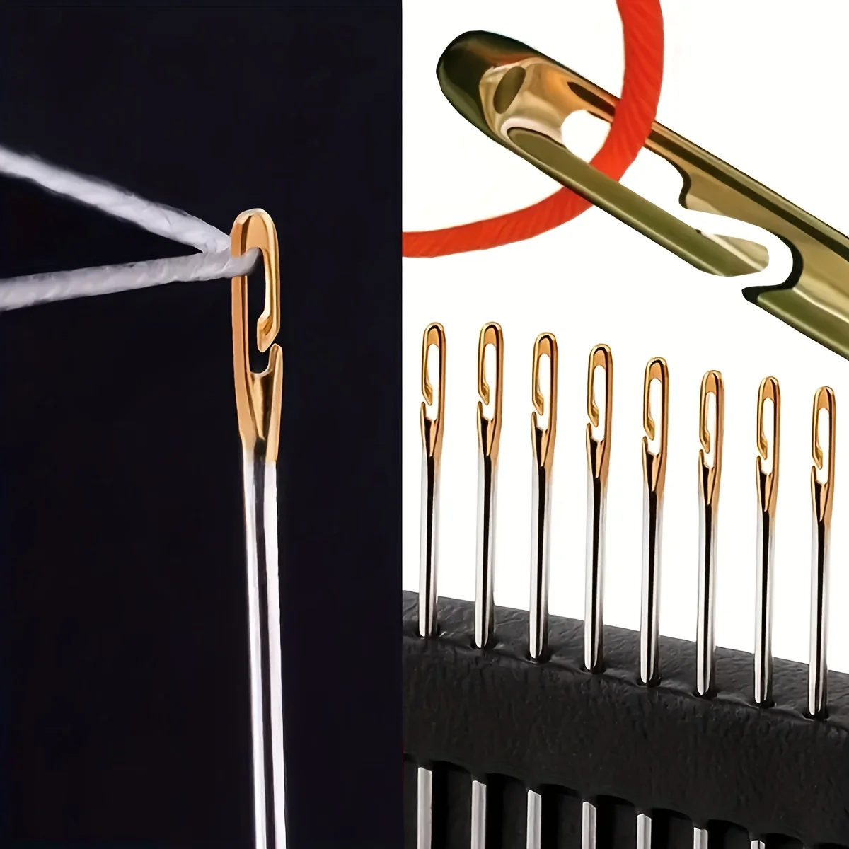 Blindnadel mit goldenem Kopf und seitlich hängendem Faden. Handnähnadel mit großem Auge für ältere Menschen. Gewindeloses Handnähwerkzeug