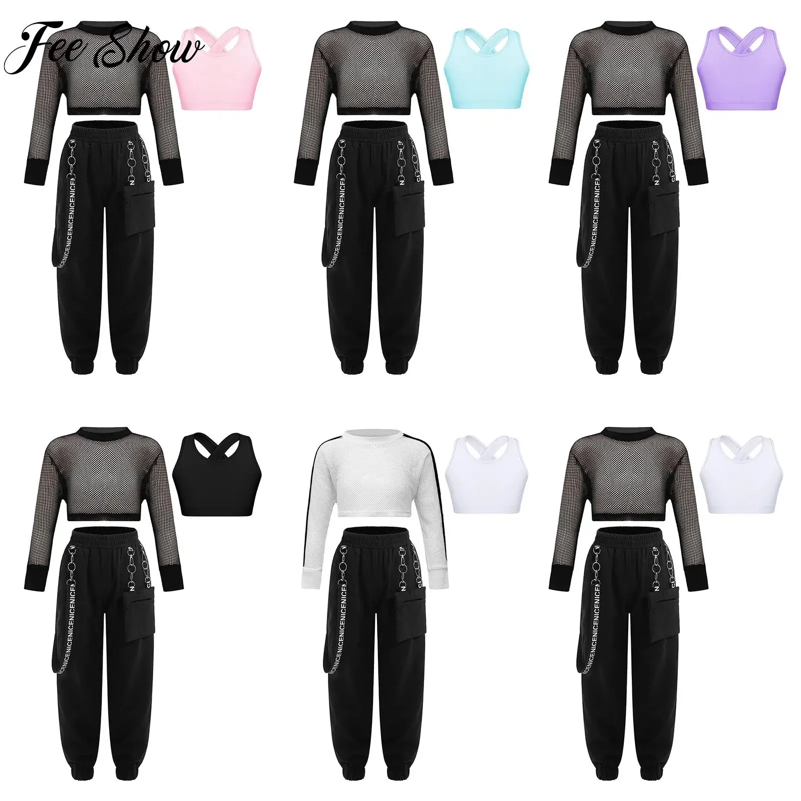 Kids Girls 3 Pieces Outfit Sleeveless Vest Cargo Pants And Mesh Long Sleeve Crop Top for Workout Hip-hop Jazz Dance Performance