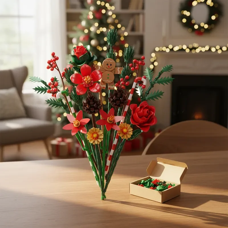 

Exquisite Box Christmas Building Blocks 865Pcs Bouquet Roses Gingerbread Man Desktop Decor Holiday Gift Idea For Family