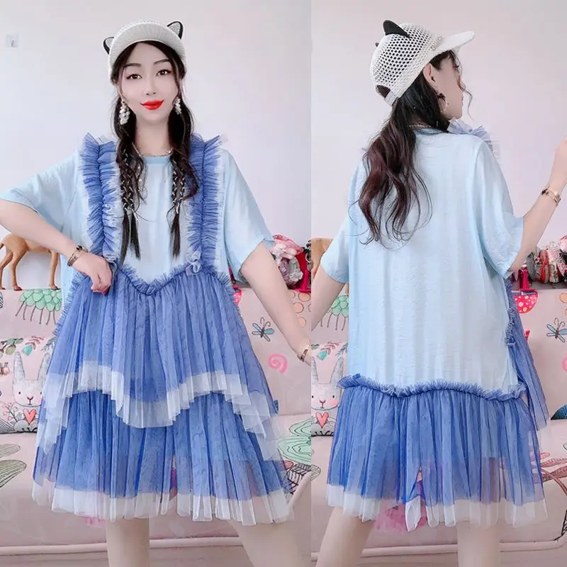 Chique vrouw mesh gesplitste ruches randen T-shirts gaas patchwork geplooide lotus pluizige taart rok zoom nep tweedelige bandjes jurk