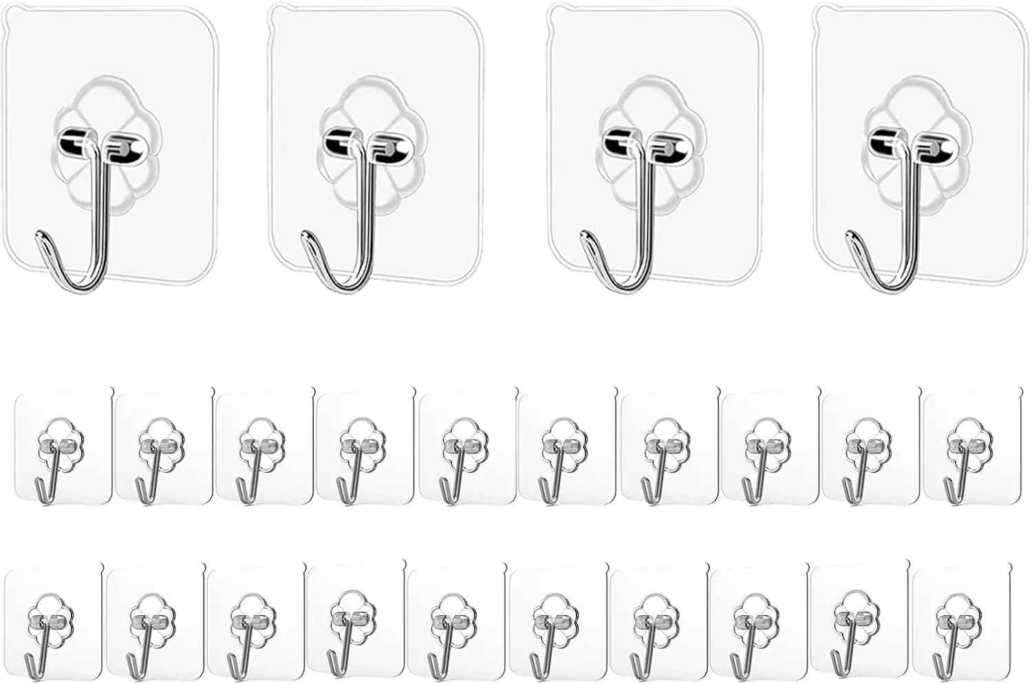 

24Pcs Heavy Duty Adhesive Hooks, 24lb Max, Stainless Steel, No Nail, Clear, for Kitchen Bathroom