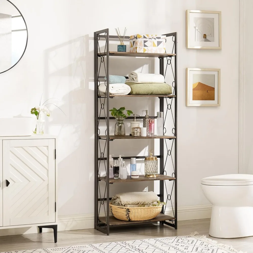 خزانة كتب مكونة من 5 طبقات قابلة للطي، منظم تخزين رف كتب صناعي طويل القامة مع إطار معدني قابل للطي، بني فاتح، مجموعة واحدة