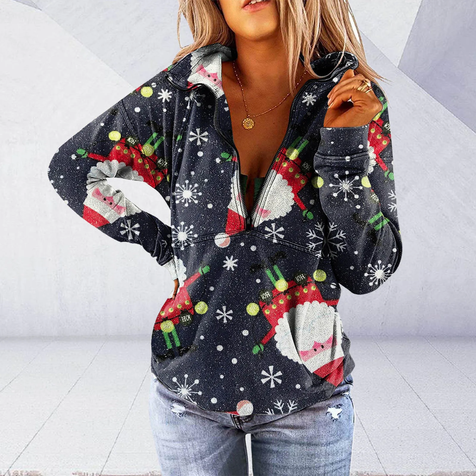 Women Christmas Hlaf Zipper Stand Collar Sweatshirt Fashion Snowflake Santa Claus Tree Print Versatile Pullover Tops y2k Clothes