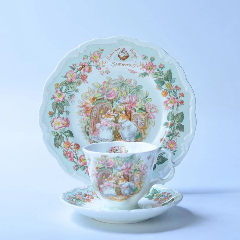 Bone China Coffee Cup Saucer Set Mouse Moving Ceramic Cup Saucers Dessert Plate Elegant Pastoral Four Seasons Mugs Gifts