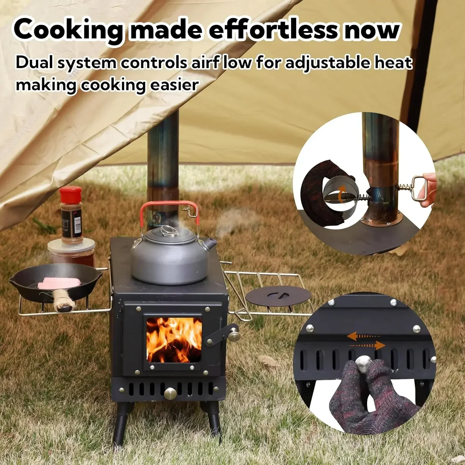 

Portable Folding Wood Burning Camping Stove - Includes Chimney Pipes and Spark Arrestor for Tent Heating and Cooking
