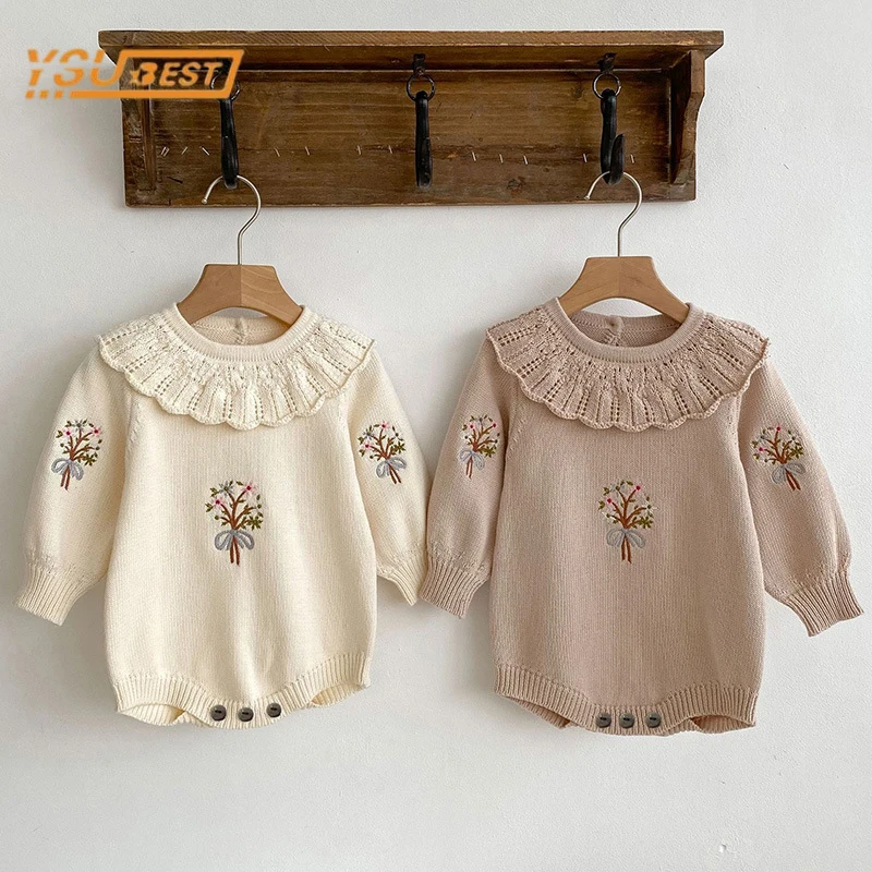 Infant Baby Girls Long Sleeve Sweet Embroider Knit Jumpsuit Spring Autumn Newborn Kids Baby Girls Clothes Rompers