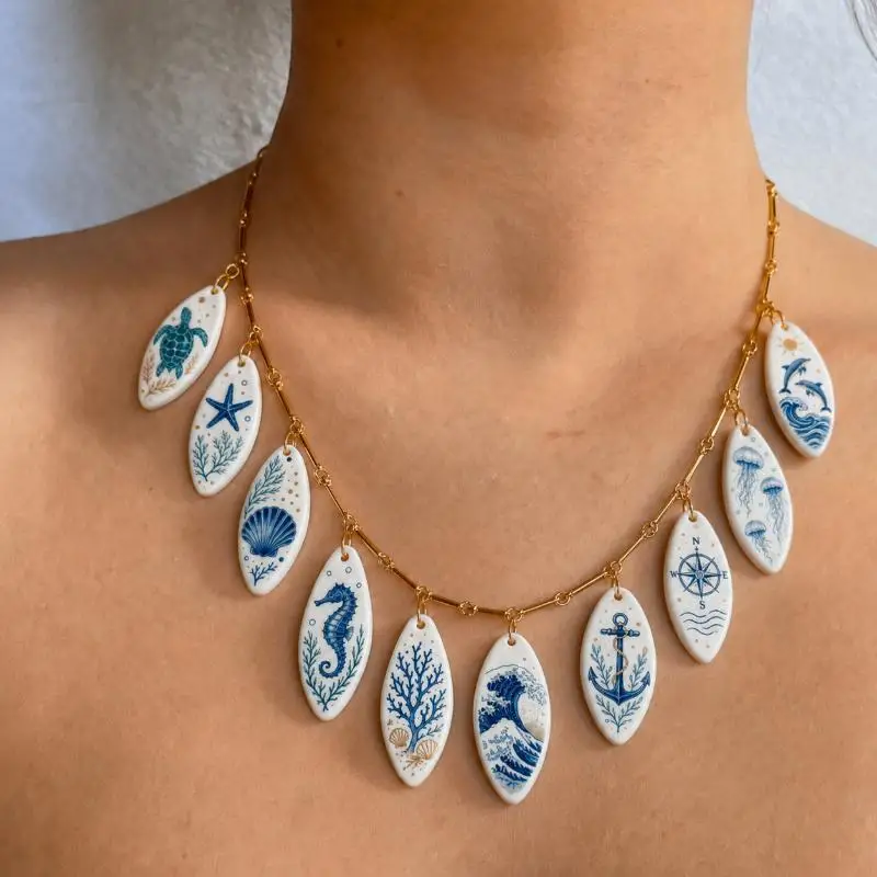 1 Stück Ozean-Schmuck Muschel-Schildkröten-Seepferdchen-Anhänger, vergoldet, blau, doppelseitig emailliert, Messing, DIY – Detail 4