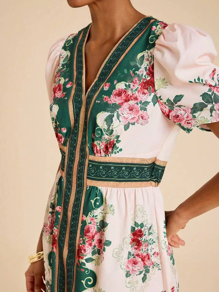 Elegant V-Neck Puffed Sleeve Mini Dress With Rose Floral Print, Woven Fabric, For Wedding, Party, Vacation And Holiday Events