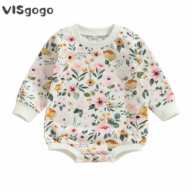 

VISgogo 0-18Months Baby Girls Rompers Long Sleeve Crew Neck Flower Print Bodysuit Baby Spring Fall Clothes for Casual Daily