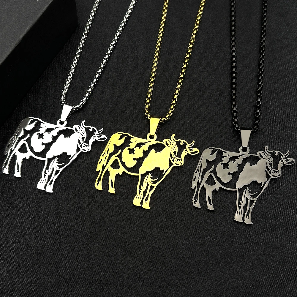 Niedliche Milchkuh-Halskette für Damen und Herren, Edelstahl, silberfarben, Tierliebhaber, Bauer, hohl, trendige Halskette, Schmuck, Geschenke