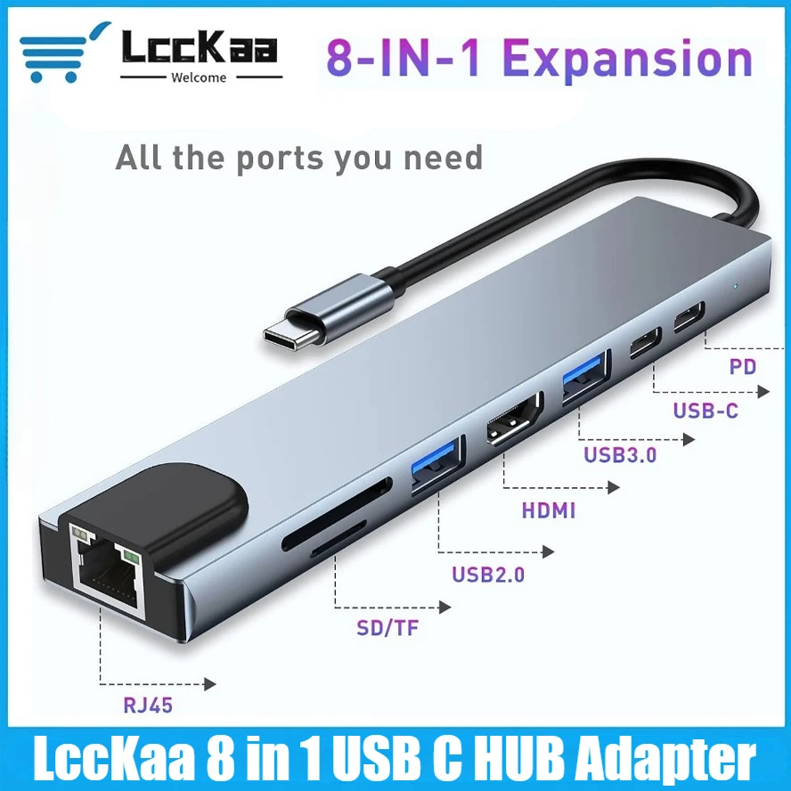 USB C Hub 8/7 in 1 4K HDMI Adapter Splitter with RJ45 USB3.0 2.0 SD/TF Card Reader PD Fast Charge for PC MacBook Notebook Laptop