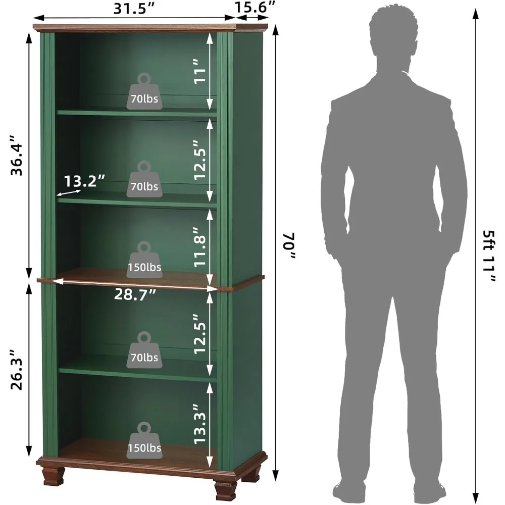 رف كتب أخضر بطول 70 بوصة، رف كتب خشبي من 5 طبقات مع أرفف قابلة للتعديل وأرجل خشبية، خزانة كتب للمزرعة قائمة بذاتها مع فتحة