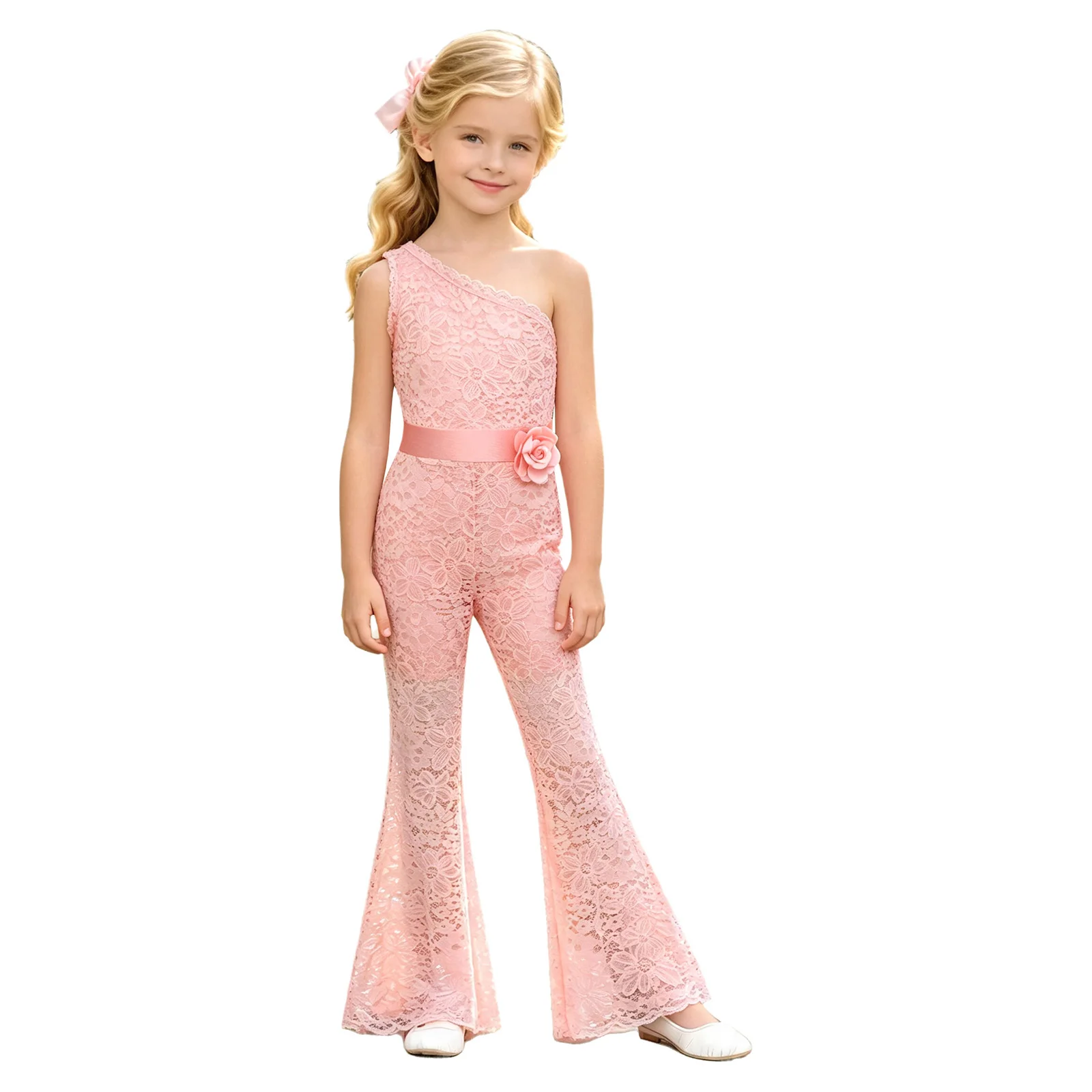 Kids Girls Floral Lace Rompers with 3D Flower Brooch Birthday Party One Shoulder Sleeveless Flared Jumpsuit for Wedding Pageant