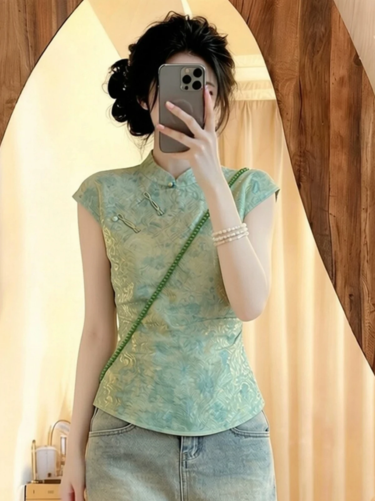 

New Summer Chinese Style Women's Shirt Thin Slim Fit Green Top Button Stand Collar Side Slit Regular Sleeve Short Sleeve Flow...
