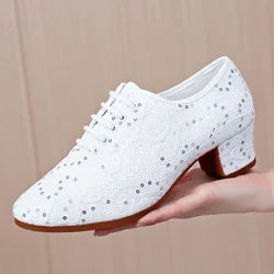 XIHAHA, zapatos de baile latino de tela de encaje para mujer, zapatos de baile Social cuadrados de tacón alto para adultos, zapatos deportivos transpirables para mujer