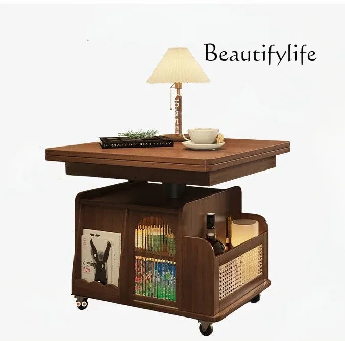 Furniture Tea Table All Solid Wood Lifting Movable Trolley Tea Table Folding Antique Sofa Side Table