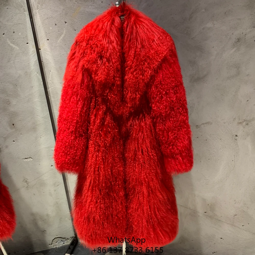 

Premium Design Pure Fur Clothes Women Fur Coats Long Style Red Mongolian Lamb Clothes Fur