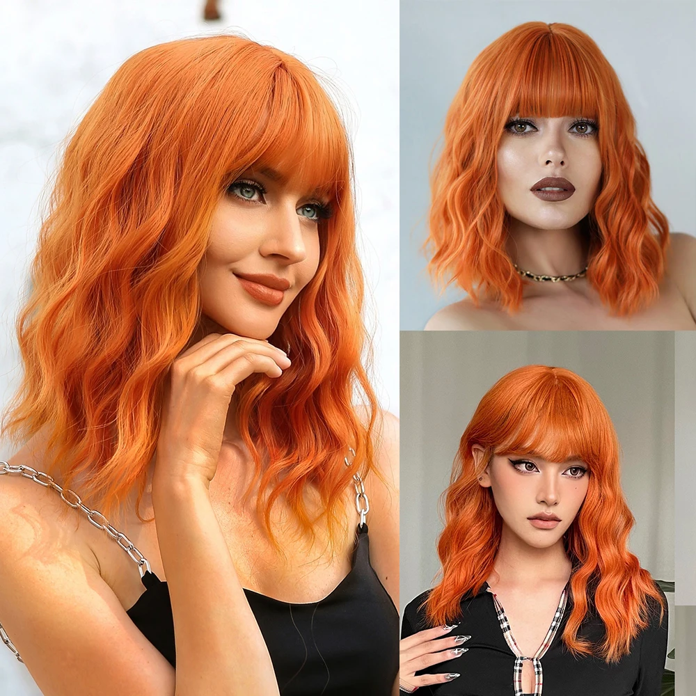 Short Curly Bob Cut Synthetic Wigs with Bangs Light Ginger Orange Water Wave Wig for Black White Women Halloween Heat Resistant