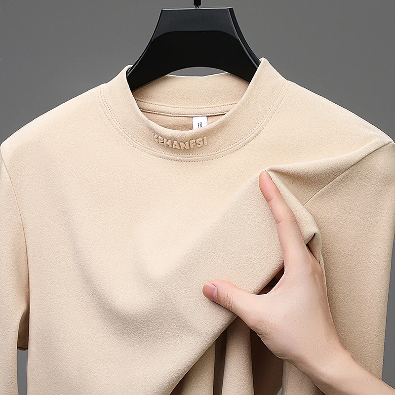 

Luxury Man Long-Sleeved T-Shirt Velvet Fleece Pilling-Resistant Mock Neck Printing Winter New Tops Fashion Casual Men's Clothing