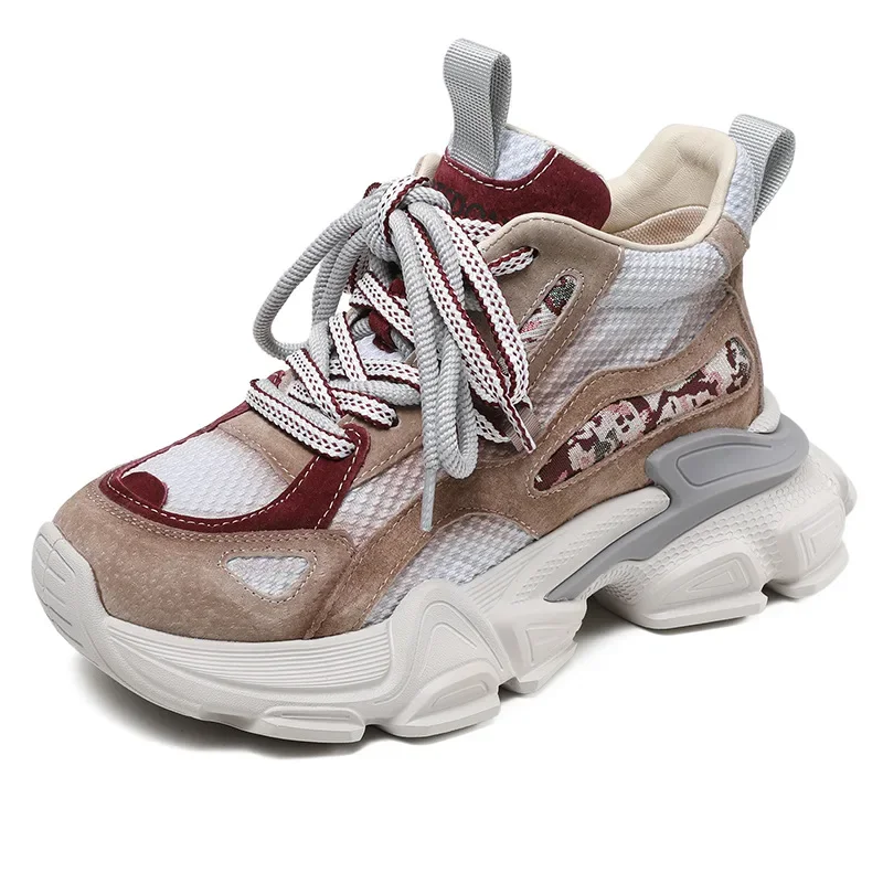 

6CM Platform Spring Autumn Hollow Women Comfy Shoes Air Mesh Genuine Leather Chunky Sneaker Sandals Vulcanize Breathable Loafer