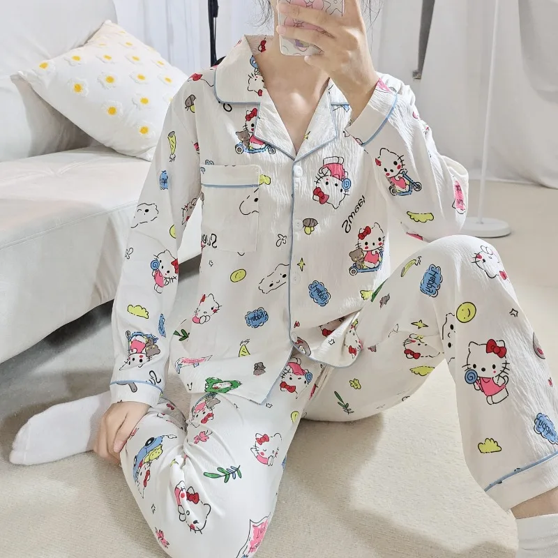Hello Kitty Pajamas Spring Long Sleeve Set Sanrio Sweet Pajamas Two-piece Set White Hello Kitty Pajamas Loose Loungewear