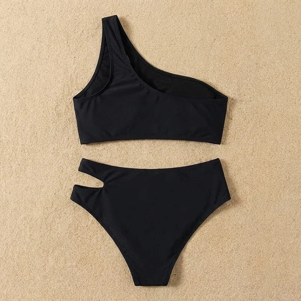 JEWELRY SEN Women Black One Shoulder Cut Out Bikini Set 2 Piece High Waist Summer Beach Bathing Suit Swimwear
