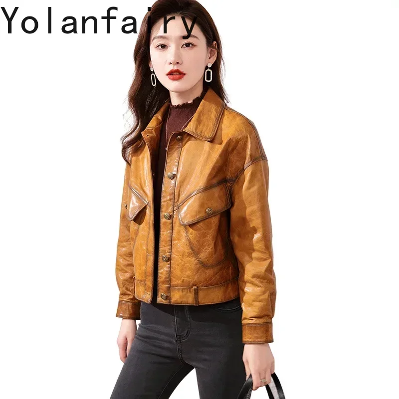 YOLANFAIRY Genuine Leather Coat Women's Short Oil Wax Natural Sheepskin Jacket Casual Lapel Elegant Ladies Real Leather Clothes